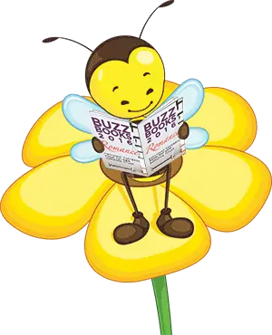 A vector illustration of a smiling bee on a yellow flower reading a copy of Buzz Books Romance 2016
