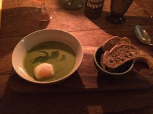 Cold sage soup with pickled egg and dipping bread.