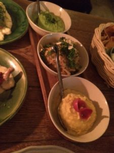 Fro top to bottom: Pea puree, rabbit stew, and white mash not potatoes)