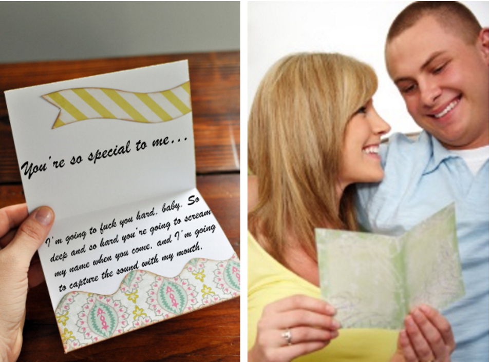 A happy couple looking down at a greeting card