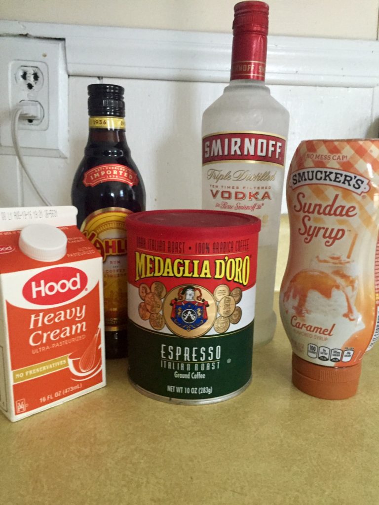 Ingredients for a salted caramel white russian.