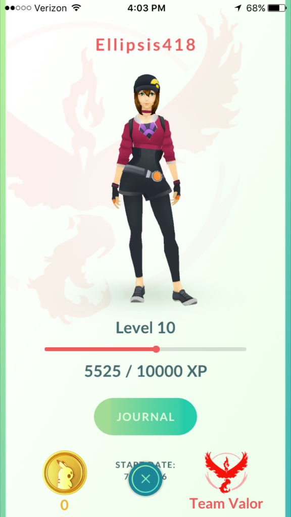 An image of Amanda's character at level ten - brown ponytail wearing a baseball cap, maroon jacket, and possibly black yoga pants.