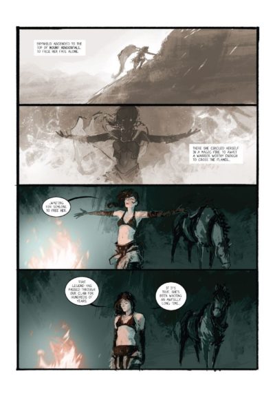 illustration from Heathen. Ardis tells Saga the story of Brunhild.