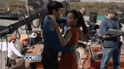 Spock and Uhura behind the scenes, dancing