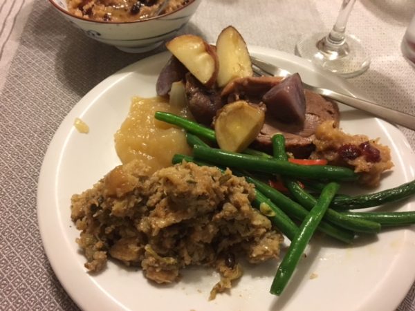 DINNER- with potatoes, goose, the sauce, green beans, stuffing, and applesauce.