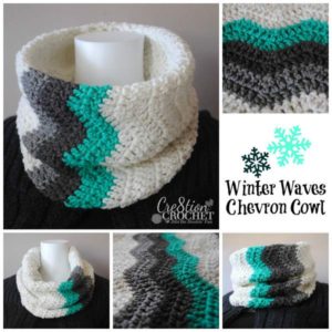 Winter Waves Chevron Cowl, a white neck warmer with a chevron V pattern in minty teal blue, black and grey across one side top to bottom 