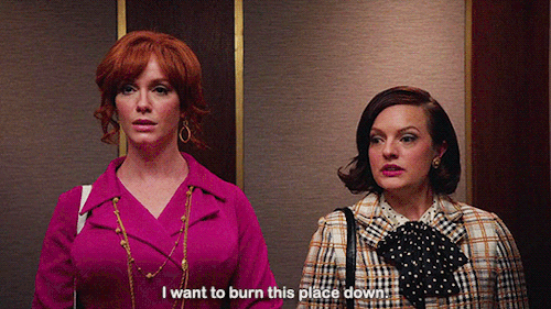 Two ladies from Mad Men in the elevator, Christina Hendricks saying I want to burn this place down.