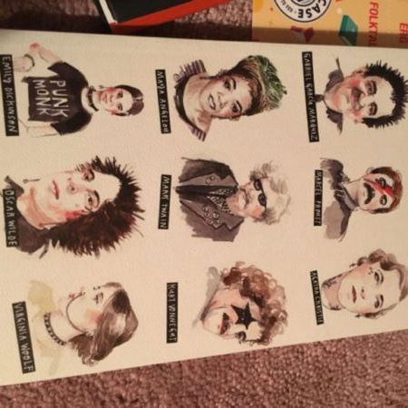 Lit Rock Star notebook featuring authors like Gabriel Garcia Marquez, Maya Angelou, Oscar Wilde, and Mark Twain made up to look like painted punk rock stars