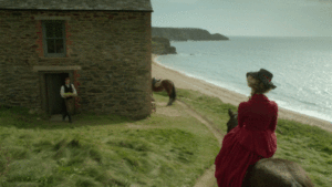 Caro, in her bright pink habit on her palomino, waiting for Enys to leave his house. Like a creeper.