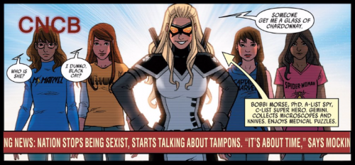 teen girls admire Mockingbird while news ribbon reveals that the nation will stop being sexist and start talking about tampons. Yay!
