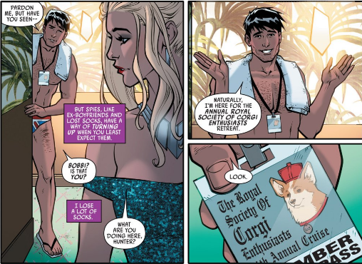 Lance meets Bobbi awkwardly in the hall. When she asks him, what he is doing there, he says I'm here for the corgi convention, of course!