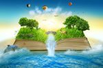 Illustration of magic opened book covered with grass trees and waterfall surround by ocean. Fantasy world, imaginary view. Book, tree of life concept. Original beautiful screen saver