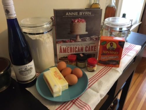 Ingredients: riesling, flour, butter, eggs, cinnamon, nutmeg, cloves, currants, and sugar (hiding behind the currant box). Also Byrn's book!