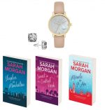 A rose gold watch, crystal stud earrings, and 3 books from the Fromm Manhattan with Love series by Sarah Morgan