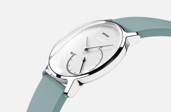 Withings Activite Steel with light blue band and white face bent over a grey background
