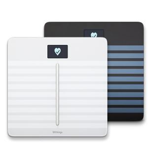 Withings Body Cardio scale, in black and grey or white and grey, with a glass top and frosted glass lines across the body of the scale, and a digital readout at the top center