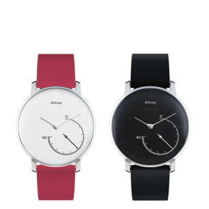 The Withings Activite Steel watch with a black or white watch face, and a small pedometer dial on the front, with a red or black watchband 