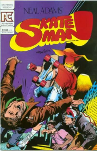 Cover of SkateMan episode 1, with a brightly colored man in skates punching a dude.... with his skate 