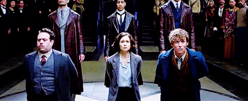 Jacob, Tina, and Newt kneeling before the wizarding council.
