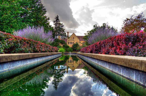 A view of the Paine mansion from across the gardens and reflecting pool.