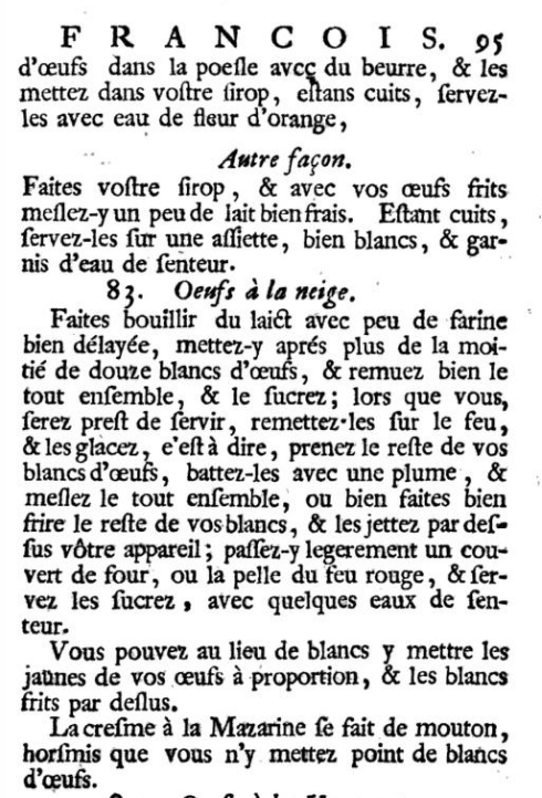 Screen cap of Cuisine Francois, and the recipe for oeufs a la neige written in French