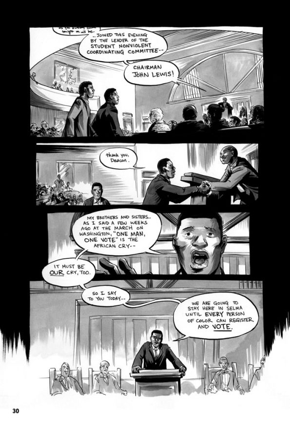A sample page from March of John Lewis making a speech saying One Man One Vote was the African cry, it must be our cry too so I say to you today we are going to stay here in selma until every person of color can register and vote 