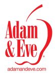 Adam and Eve logo in the color red with the shape of an apple in the background