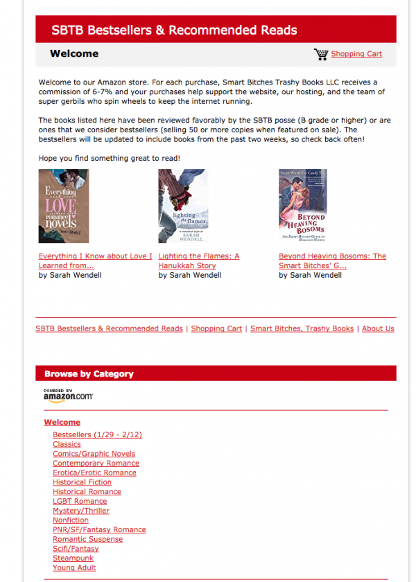 Screen shot of SBTB Shop with menu below book selection