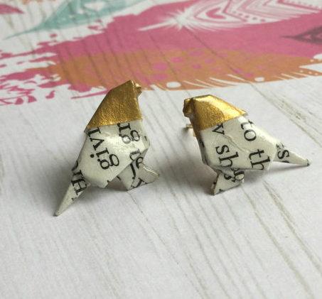 Literary Origami birds - little tiny birds folded from the page of a book with heads dipped in gold 