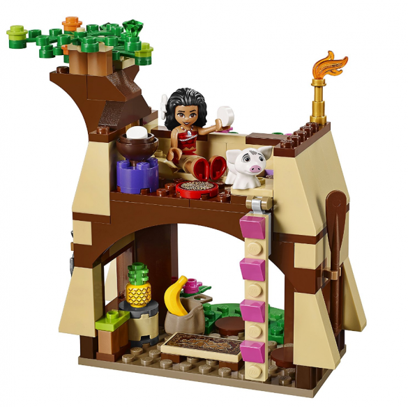Close up of assembled Lego kit with Moana, her pig and some fruits in a Lego tree house