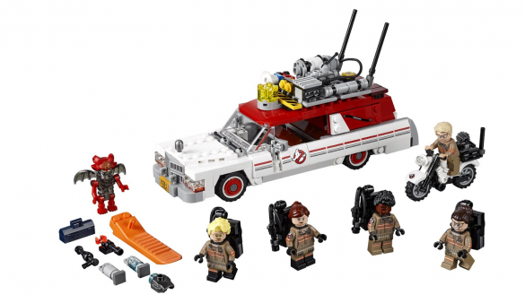 Close up of assembled ECTO 1 from Ghostbuster reboot, plus minifigres and kevin on his bike