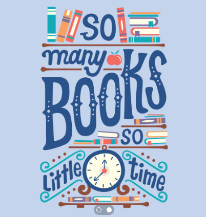 So Many Books So Little Time with books and a clock against a blue background