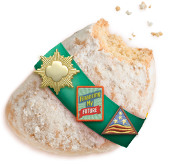 a savannah smile a half moon cookie with powdered sugar on the outside and this one is wearing a girl scout sash too 