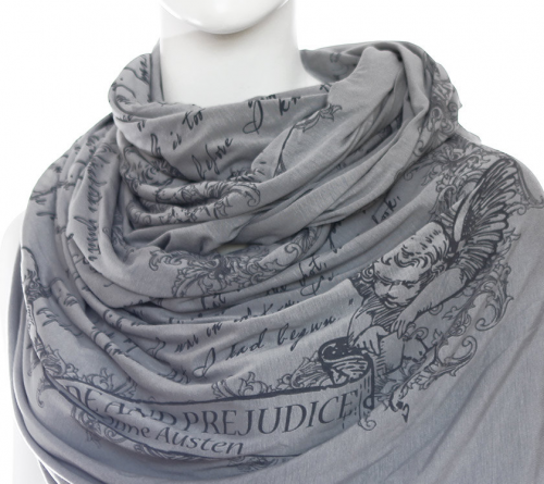 A Pride and Prejudice infinity scarf in the color gray