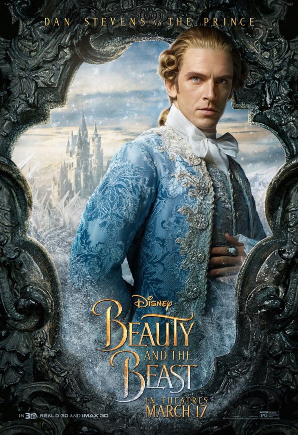 Promotional poster for Dan Stevens as The Prince wearing ice blue brocade with silver embellishments and two fat hot dog sized curls of hair at his temples looking serious and also completely ridiculous
