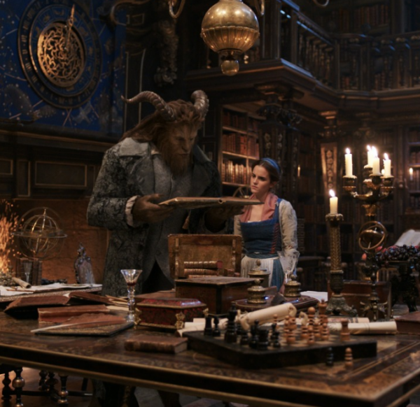 Belle and the beast standing in his hella wow library