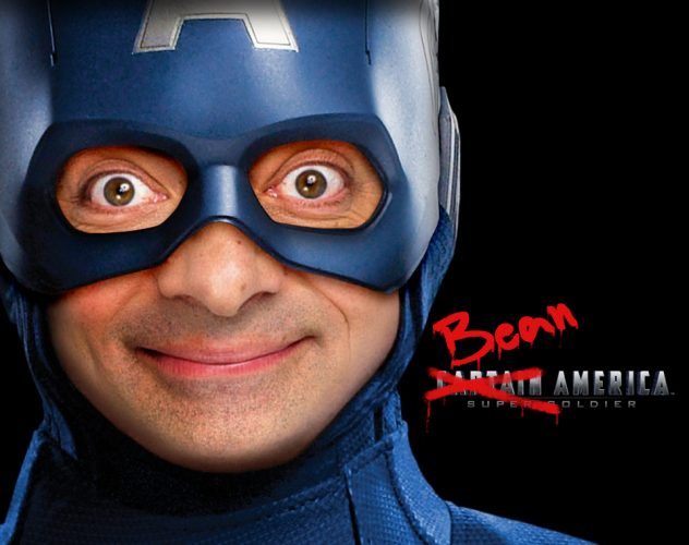 Mr. Bean wearing a Captain American costume