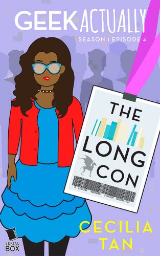 A woman in a dress with a convention badge. Episode 4 - "The Long Con" by Cecilia Tan