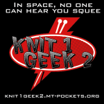 Knit 1, Geek 2 podcast logo. A red speech bubble pierced by knitting needles.