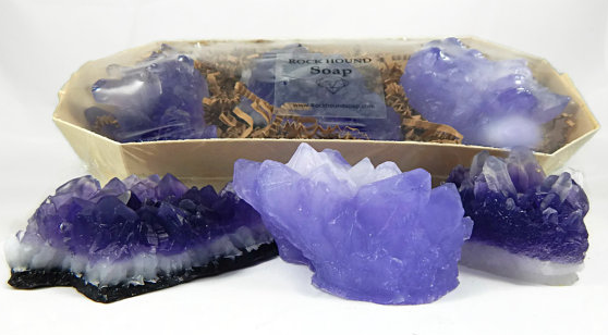 Three purple crystal soaps fashioned to look like geodes