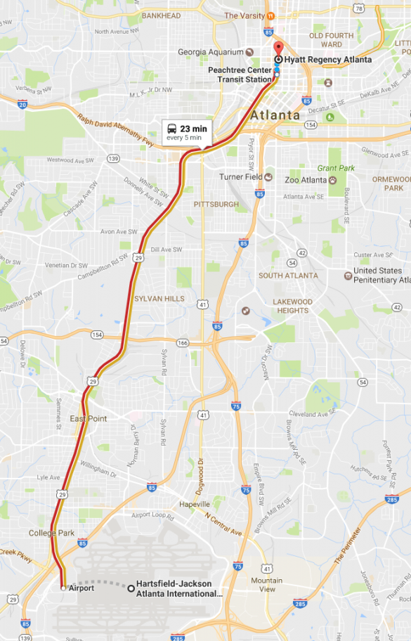 Google Map showing red and gold lines to peachtree