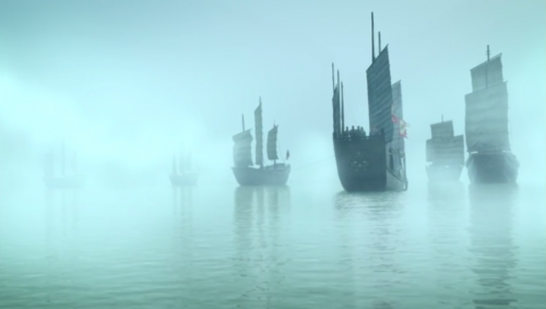 A fleet of ships in fog