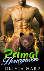 Primal Honeymoon by Olivia Harp. A many-abbed man standing behind a grizzly bear that appears to be on fire.