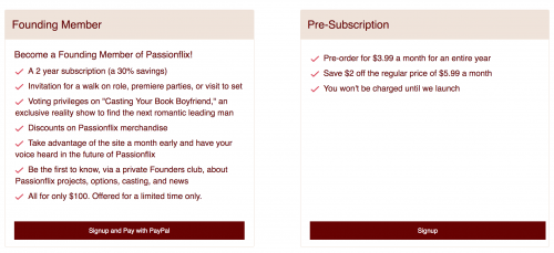 A breakdown of the two PassionFlix pre-subscriptions