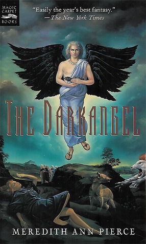 The Darkangel by Meredith Ann Pierce. An angel in a toga with black wings and long white hair.