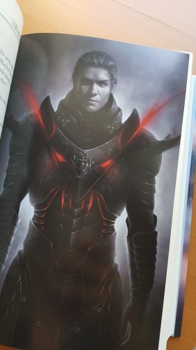 A beautiful illustration of a man in dark armor with red accents