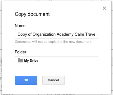 Make a Copy - copy document name and location, then OK button and cancel 