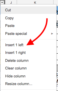 Arrow pointing at Insert 1 Left menu option to add column to spreadsheet