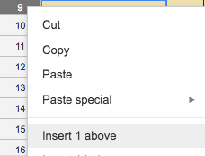 Right click menu for spread sheet row, with Insert 1 Above showing