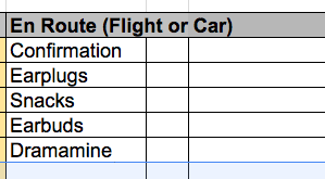 En Route section includes confirmation paperwork for hotel, ear plugs, snacks, earbuds, and dramamine 